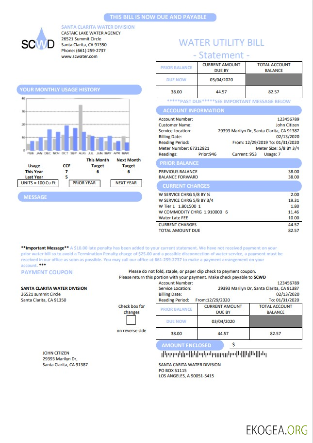 USA California Santa Clarita Water Division (SCWD) utility bill template in Word and PDF format